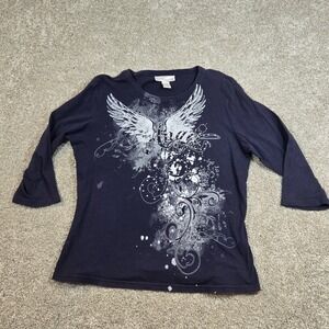 Vintage Y2K Venezia Women's Size 14-16 Angel Wings Black Grunge 3/4 Sleeve